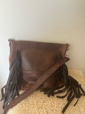 Fringehill Leather Shoulder Bag with Patterned Strap - Brown